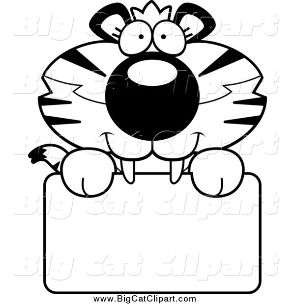 Big Cat Cartoon Vector Clipart of a Black and White Happy Tiger Cub over a Sign