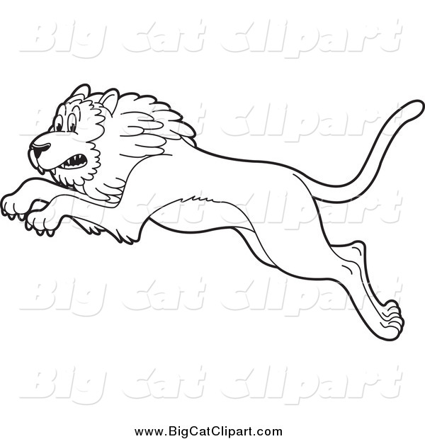 Big Cat Cartoon Vector Clipart of a Black and White Leaping Lion