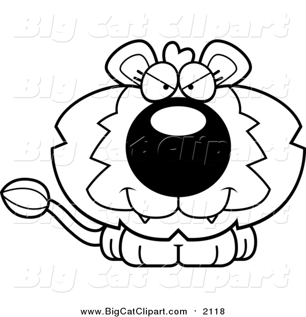 Big Cat Cartoon Vector Clipart of a Black and White Lineart Cute Evil Lion