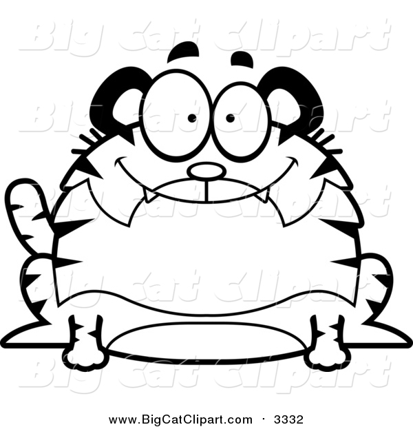 Big Cat Cartoon Vector Clipart of a Black and White Lineart Happy Chubby Tiger