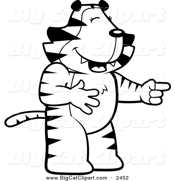 Big Cat Cartoon Vector Clipart of a Black and White Lineart Tiger Laughing and Pointing