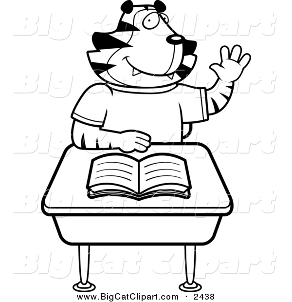 Big Cat Cartoon Vector Clipart of a Black and White Lineart Tiger Student Raising His Hand at a Desk