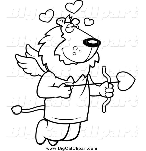 Big Cat Cartoon Vector Clipart of a Black and White Lion Cupid with Hearts and an Arrow