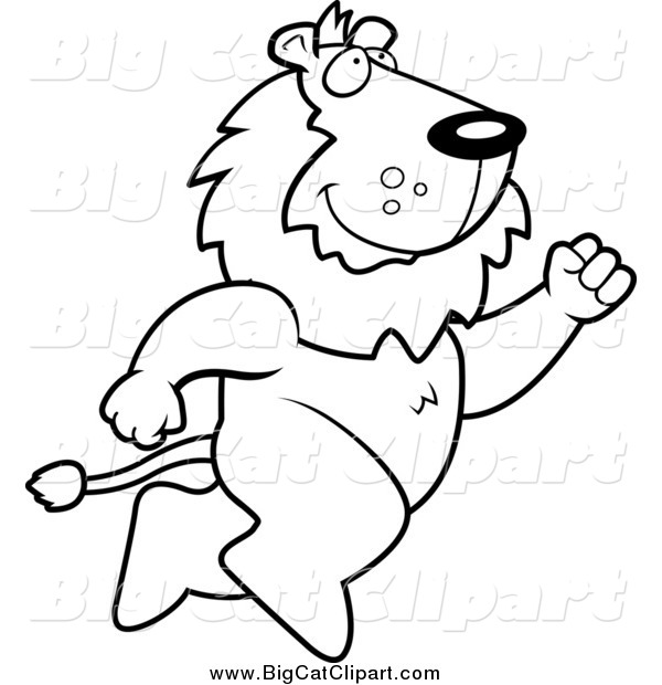 Big Cat Cartoon Vector Clipart of a Black and White Lion Leaping to the Right