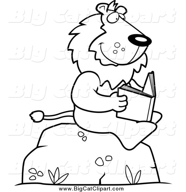 Big Cat Cartoon Vector Clipart of a Black and White Lion Reading a Book on a Rock