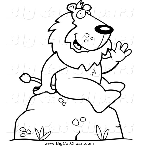 Big Cat Cartoon Vector Clipart of a Black and White Lion Sitting and Waving