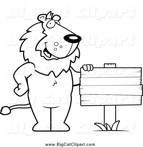 Big Cat Cartoon Vector Clipart of a Black and White Lion Standing by a Blank Wood Sign