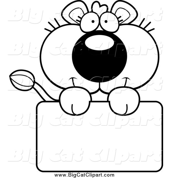 Big Cat Cartoon Vector Clipart of a Black and White Lioness over a Sign