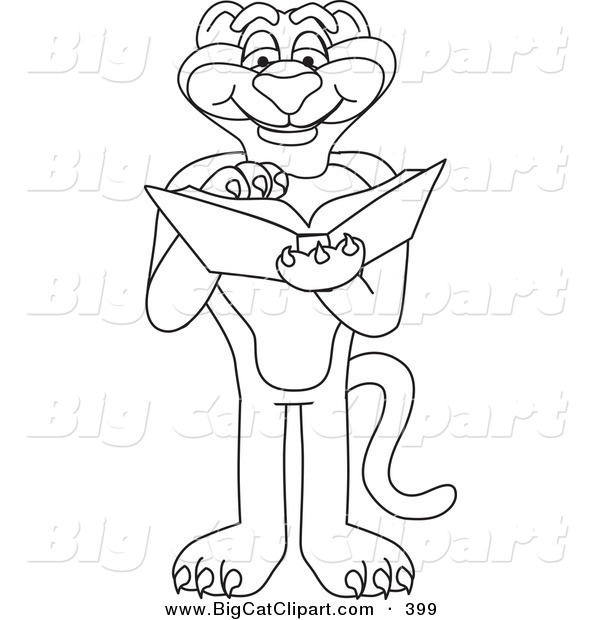 Big Cat Cartoon Vector Clipart of a Black and White Outline of a Panther Character Mascot Reading