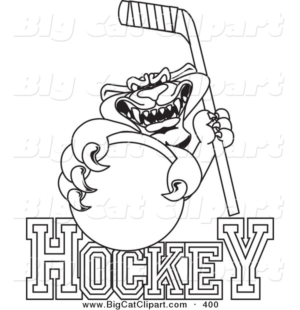 Big Cat Cartoon Vector Clipart of a Black and White Outline of a Panther Character Mascot with Hockey Text
