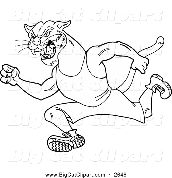 Big Cat Cartoon Vector Clipart of a Black and White Running Cougar