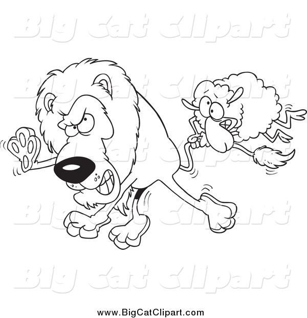 Big Cat Cartoon Vector Clipart of a Black and White Sheep Attacking a Lion