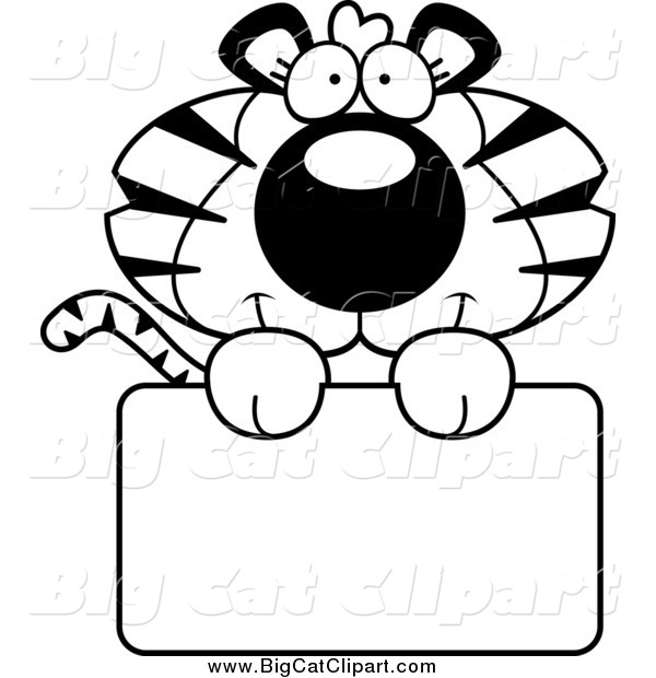 Big Cat Cartoon Vector Clipart of a Black and White Tiger Holding a Sign