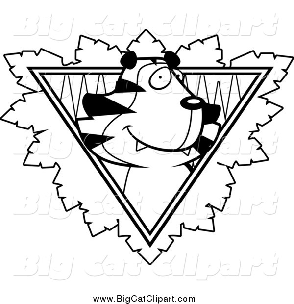 Big Cat Cartoon Vector Clipart of a Black and White Tiger over a Safari Triangle with Leaves