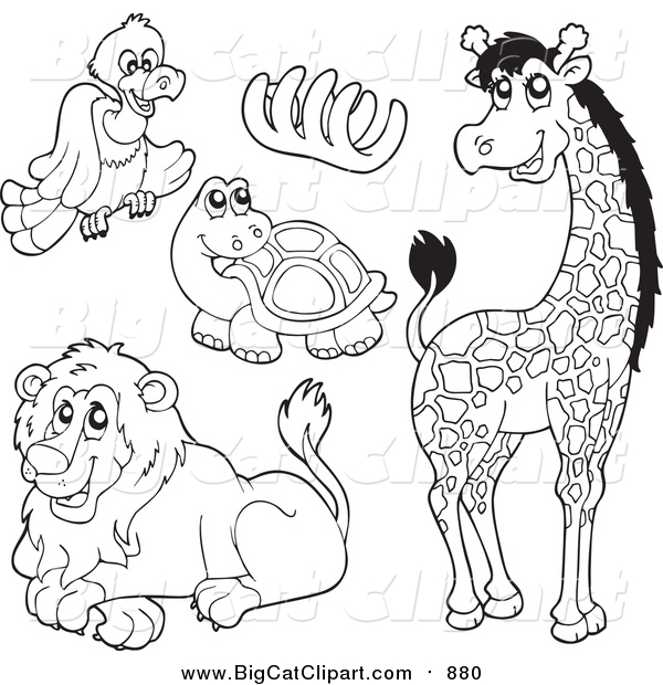 Big Cat Cartoon Vector Clipart of a Black and White Vulture, Bones, Tortoise, Lion and Giraffe