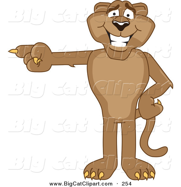 Big Cat Cartoon Vector Clipart of a Brown Cougar Mascot Character Pointing Left