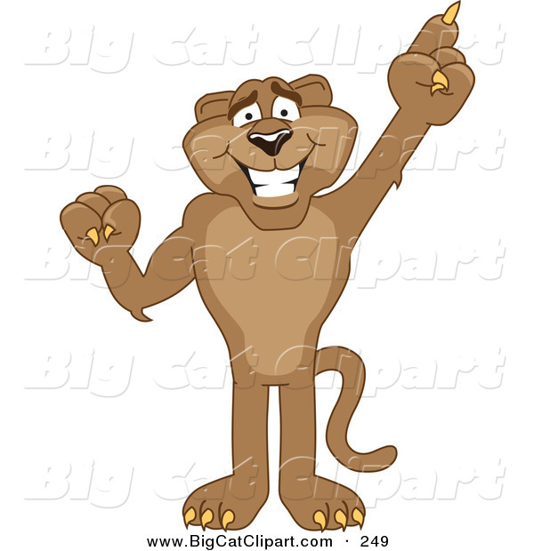 Big Cat Cartoon Vector Clipart of a Brown Cougar Mascot Character Pointing Upwards