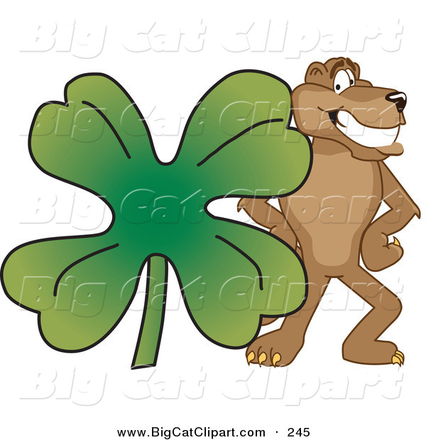 Big Cat Cartoon Vector Clipart of a Brown Cougar Mascot Character with a Clover
