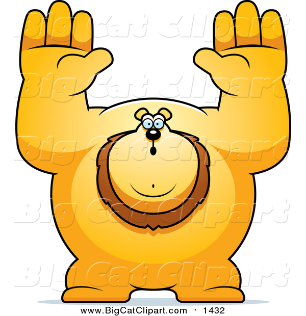 Big Cat Cartoon Vector Clipart of a Buff Lion Giving Up, Hands in the Air