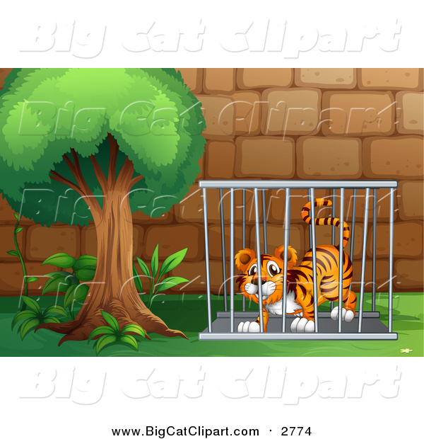 Big Cat Cartoon Vector Clipart of a Caged Tiger