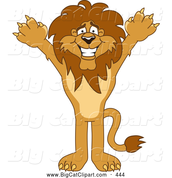 Big Cat Cartoon Vector Clipart of a Cheerful Lion Character Mascot Holding His Arms up