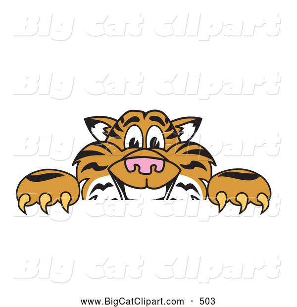 Big Cat Cartoon Vector Clipart of a Cheerful Tiger Character School Mascot Behind a Blank Sign
