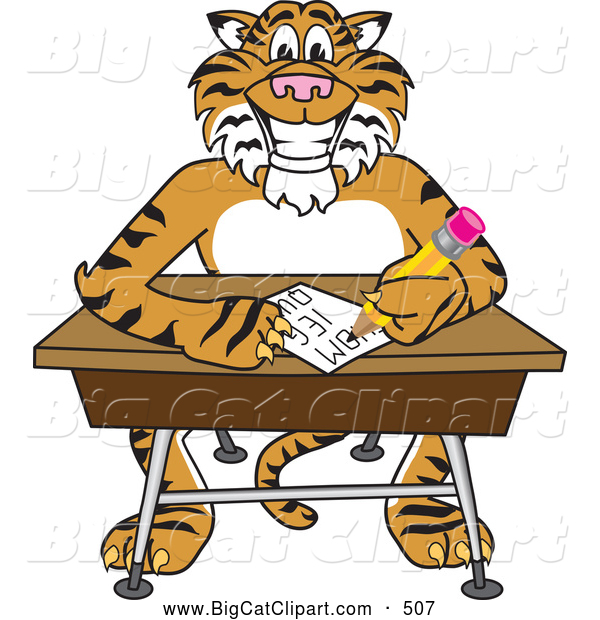 Big Cat Cartoon Vector Clipart of a Cheerful Tiger Character School Mascot Doing Homework at a Desk