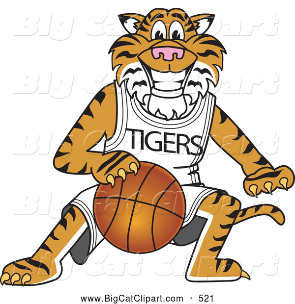 Big Cat Cartoon Vector Clipart of a Cheerful Tiger Character School Mascot Playing Basketball