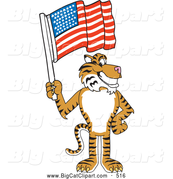 Big Cat Cartoon Vector Clipart of a Cheerful Tiger Character School Mascot with an American Flag