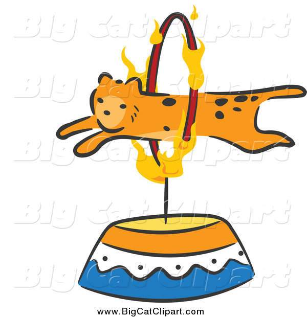 Big Cat Cartoon Vector Clipart of a Cheetah Leaping Through a Flaming Hoop Circus Act