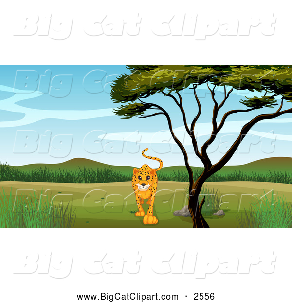 Big Cat Cartoon Vector Clipart of a Cheetah Walking by a Tree