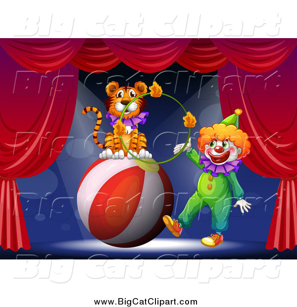 Big Cat Cartoon Vector Clipart of a Circus Clown and Tiger with a Ball and Hoop