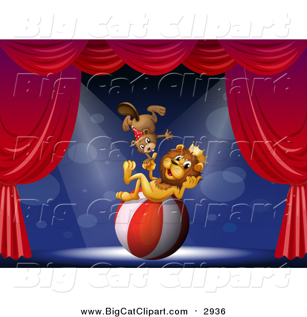 Big Cat Cartoon Vector Clipart of a Circus Lion and Beaver on Stage with a Ball