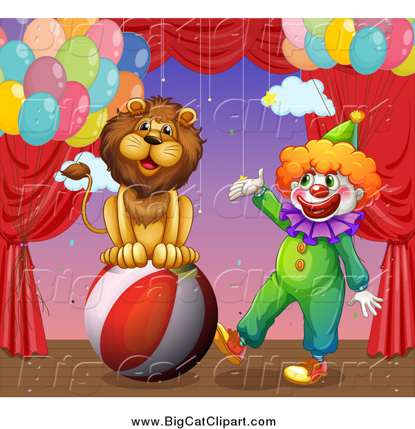 Big Cat Cartoon Vector Clipart of a Circus Lion and Clown Performing on Stage
