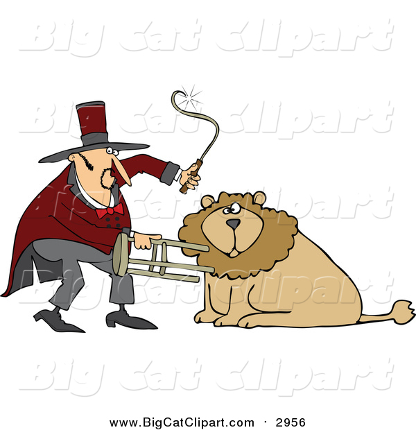 Big Cat Cartoon Vector Clipart of a Circus Lion Tamer Holding a Stool and Whip