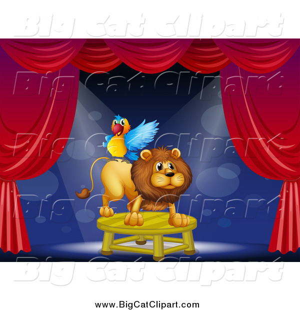 Big Cat Cartoon Vector Clipart of a Circus Parrot on a Lion's Back on Stage