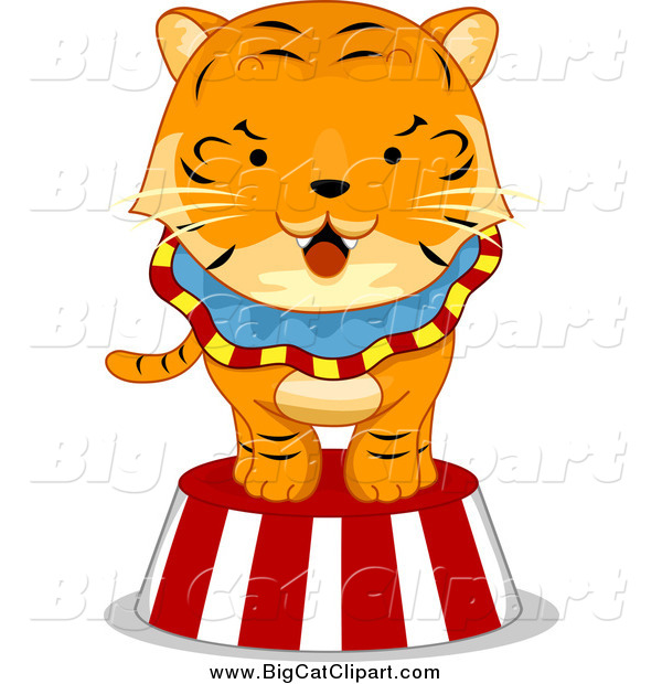 Big Cat Cartoon Vector Clipart of a Circus Tiger on a Striped Platform