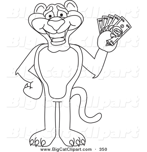 Big Cat Cartoon Vector Clipart of a Coloring Page Outline Design of a Panther Character Mascot Holding Cash