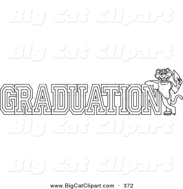 Big Cat Cartoon Vector Clipart of a Coloring Page Outline Design of a Panther Character Mascot with Graduation Text