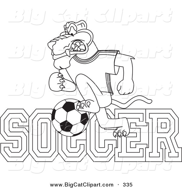 Big Cat Cartoon Vector Clipart of a Coloring Page Outline Design of a Panther Character Mascot with Soccer Text