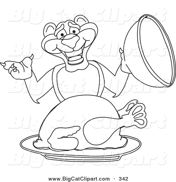 Big Cat Cartoon Vector Clipart of a Coloring Page Outline of a Panther Character Mascot Serving a Turkey