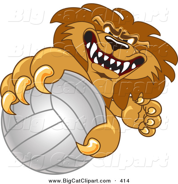 Big Cat Cartoon Vector Clipart of a Comeptitive Lion Character Mascot Grabbing a Volleyball