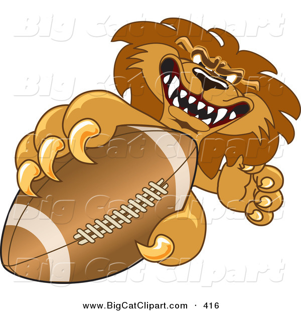 Big Cat Cartoon Vector Clipart of a Competitive Lion Character Mascot Grabbing a Football