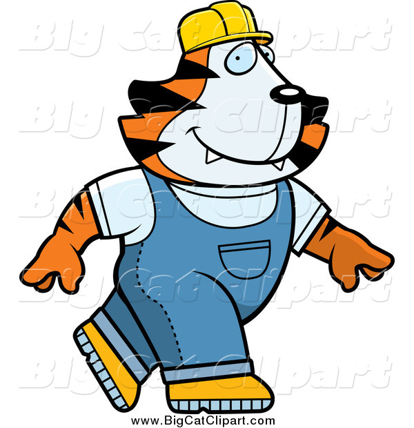 Big Cat Cartoon Vector Clipart of a Contractor Tiger Walking
