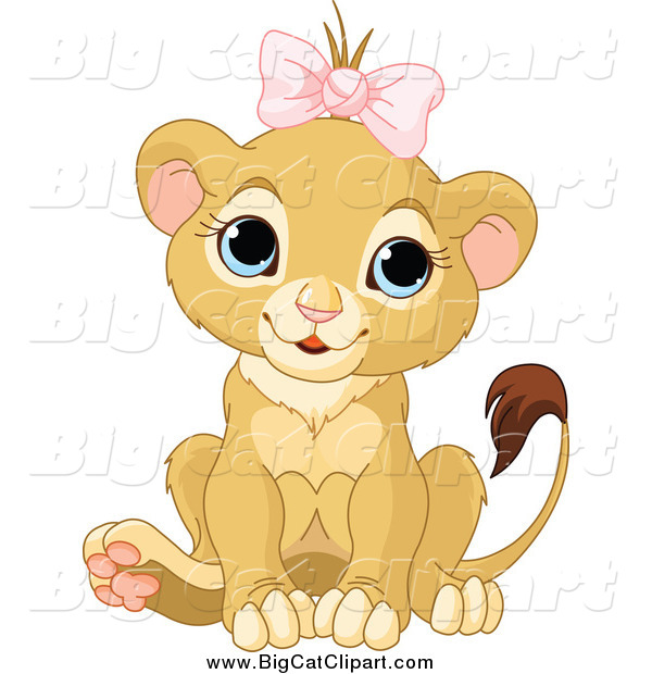 Big Cat Cartoon Vector Clipart of a Cute Baby Female Lion Wearing a Pink Bow