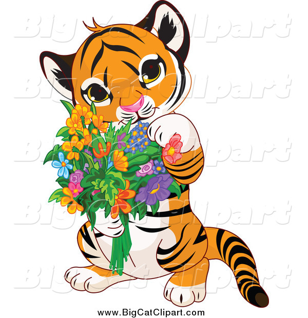 Big Cat Cartoon Vector Clipart of a Cute Baby Tiger Holding Flowers