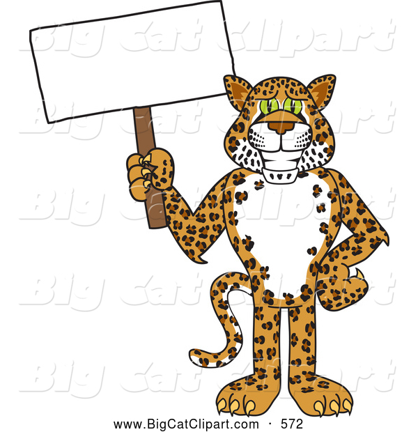 Big Cat Cartoon Vector Clipart of a Cute Cheetah, Jaguar or Leopard Character School Mascot Holding a Blank Sign