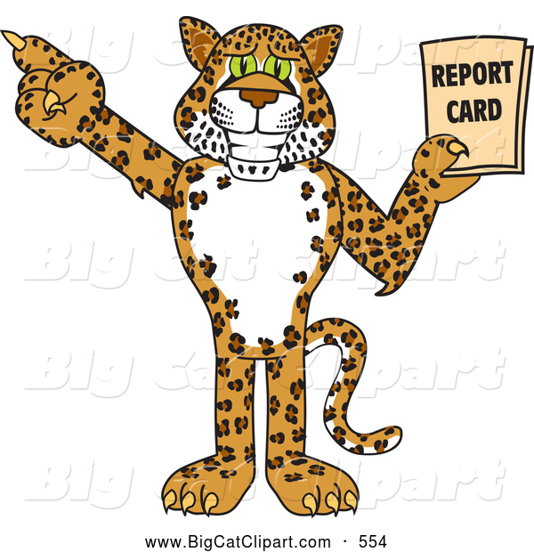 Big Cat Cartoon Vector Clipart of a Cute Cheetah, Jaguar or Leopard Character School Mascot Holding a Report Card