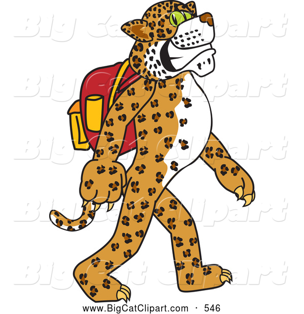 Big Cat Cartoon Vector Clipart of a Cute Cheetah, Jaguar or Leopard Character School Mascot Walking and Wearing a Backpack