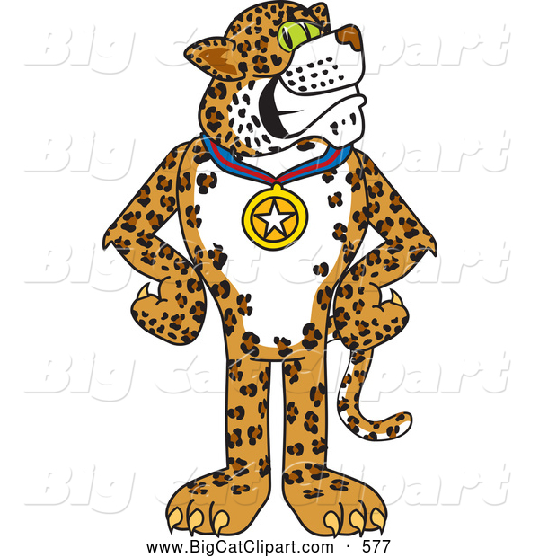Big Cat Cartoon Vector Clipart of a Cute Cheetah, Jaguar or Leopard Character School Mascot Wearing a Medal